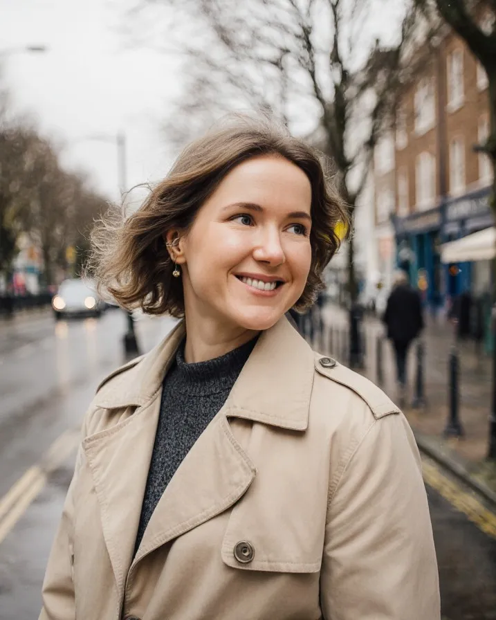 Elena Suhova, founder of What If HR, smiling on a high street in a trench coat