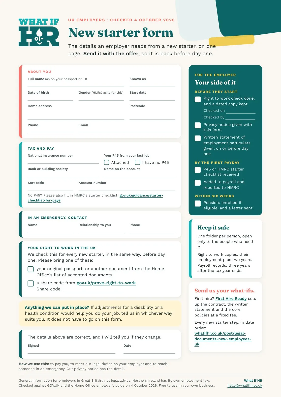 What If HR new starter form for UK employers: one page with sections for personal details, tax and pay, an emergency contact and the right to work, and the employer's checks down the side