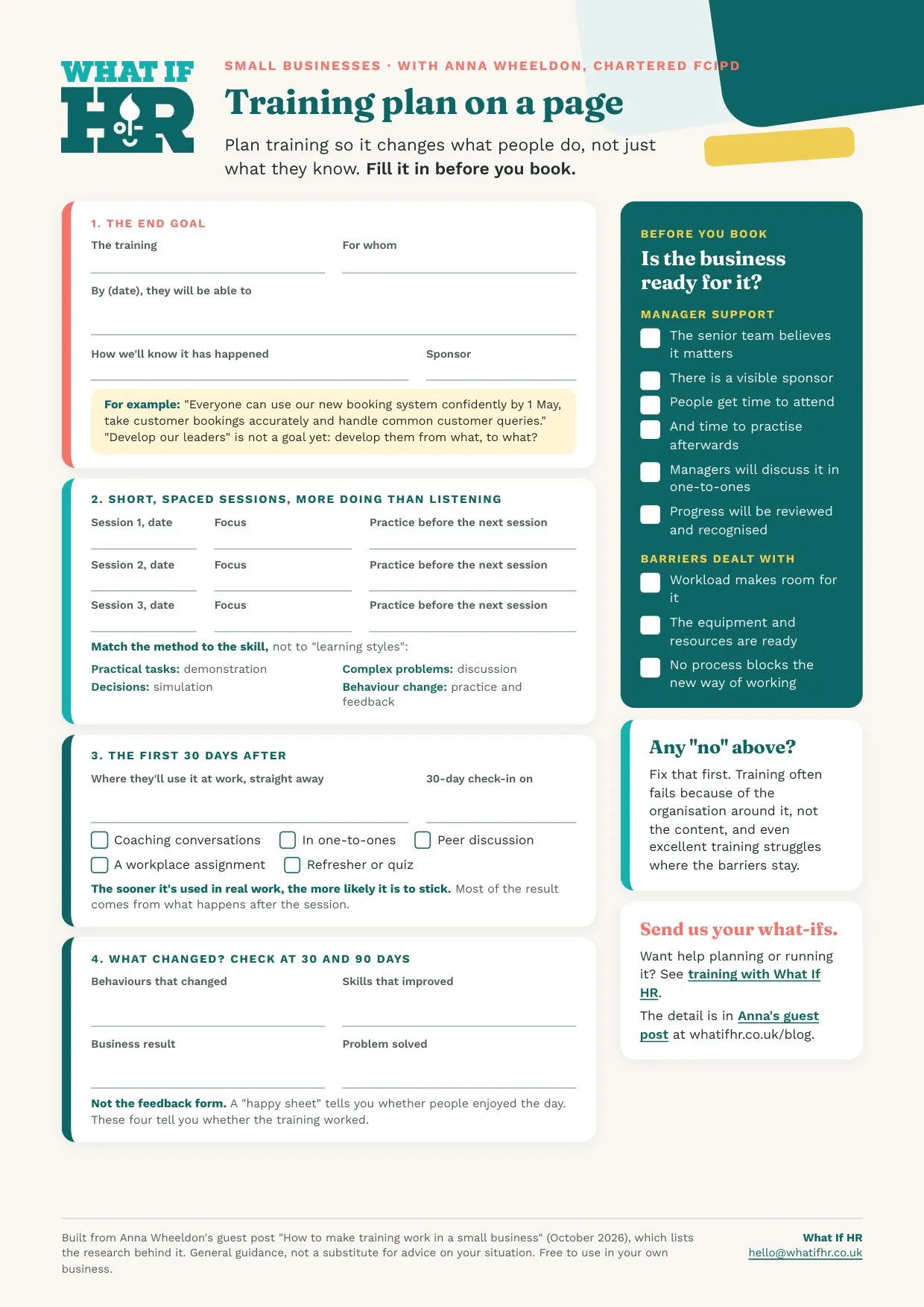 What If HR training plan on a page: one page with the end goal, three short spaced sessions, the first 30 days after the training and what changed, with a "before you book" checklist for manager support and barriers down the side
