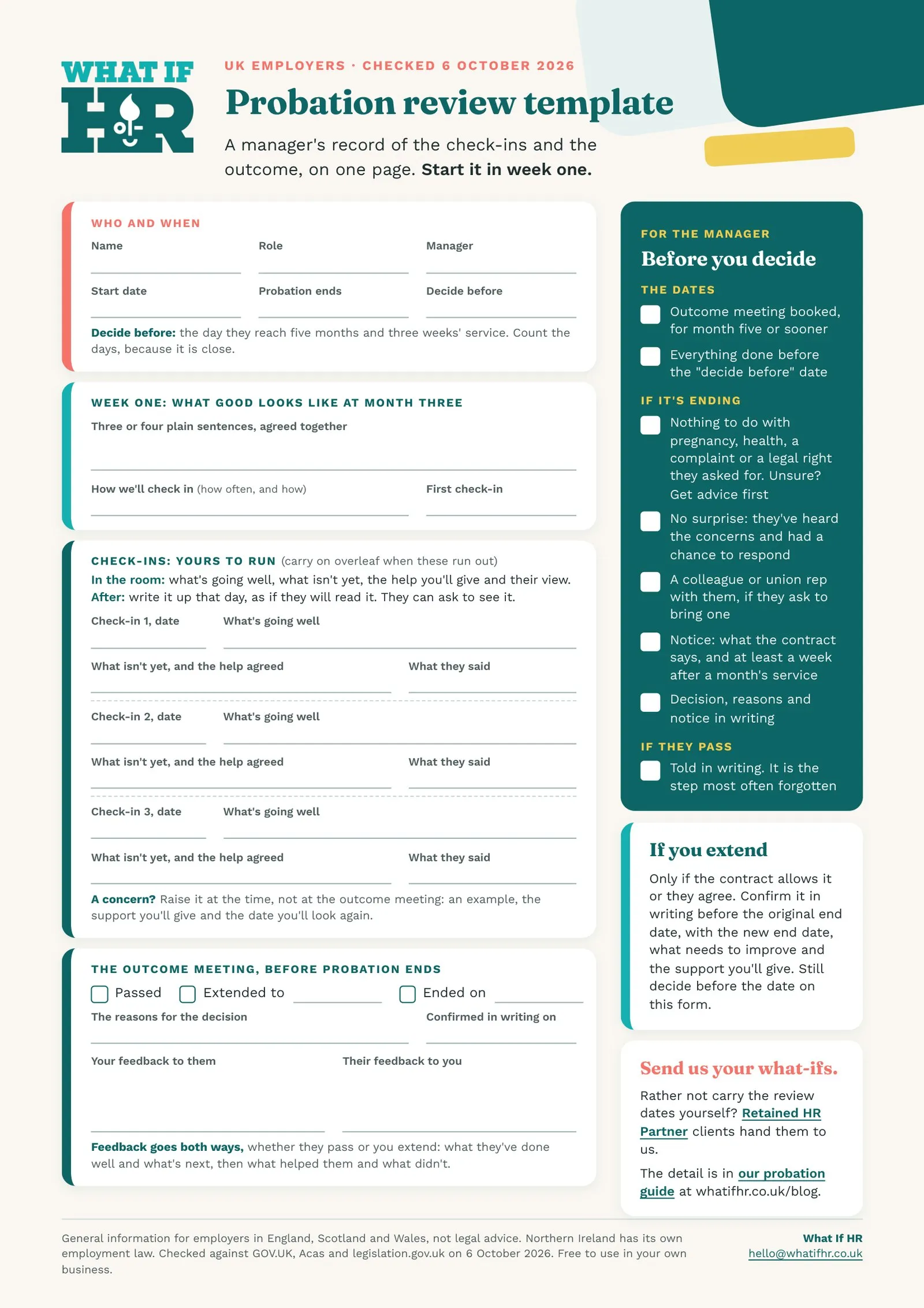 What If HR probation review template for managers: one page with the dates, what good looks like at month three, three check-ins, the outcome meeting with feedback both ways and the manager's checks down the side